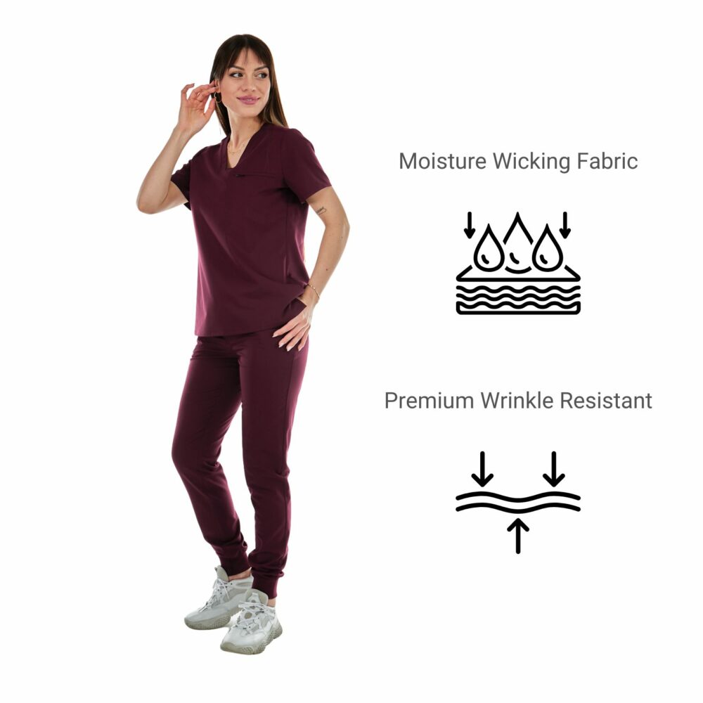 alamat women slim fit burgundy jogger scrub pant 005 1